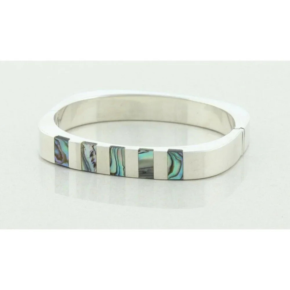Sterling Silver Abalone Square Bangle Bracelet 7" inch Square 2 3/8" Diameter - Picture 6 of 7